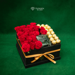 Caja con rosas + Botella y chocolates