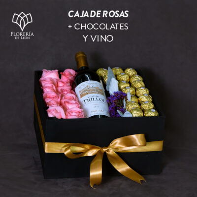 Caja con Rosas, Chocolate y Vino - Florería de León