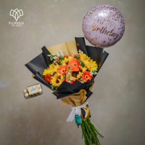Combo ramo girasoles y gerberas + globo + chocolates