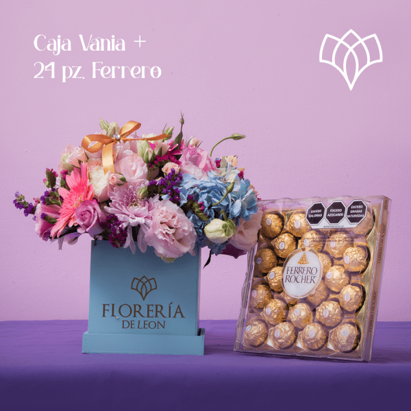 Combo de caja con flores y chocolates ferrero